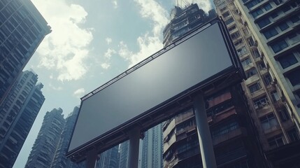 Naklejka premium A large billboard is blank, with a city skyline in the background