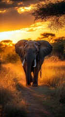 Fototapeta premium Elephant walking on dirt road at sunset in african savanna
