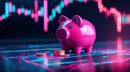 A vibrant pink piggy bank on a background of colorful financial graphs and coins representing savings and investment.