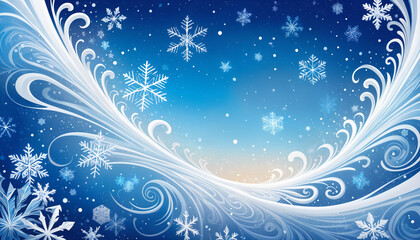 Blue swirling snowflakes on a sky background