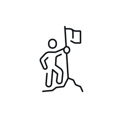 Man with the flag, Conquering the top, achieving the goal linear icon. Thin line customizable illustration. Contour symbol. Vector isolated outline drawing. Editable stroke