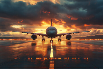 A large airplane stands on the airport runway against the backdrop of a sunset and storm clouds. 