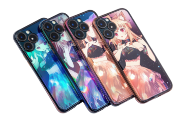Phone Cases With Holographic Anime Character Art Isolated On Transparent Background on transparent background