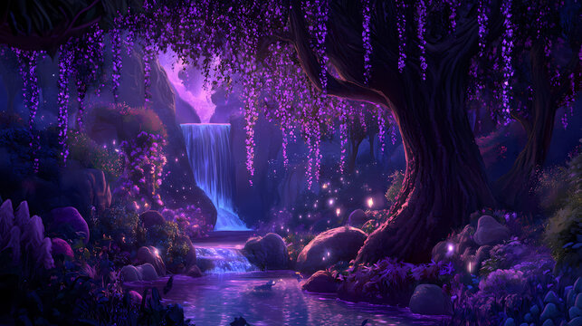 A beautiful enchanted forest with big fairytale trees and great vegetation. digital painting background, illustration. Enchanted. Illustration