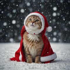 little kitten dressed as santa claus in the snow, christmas background