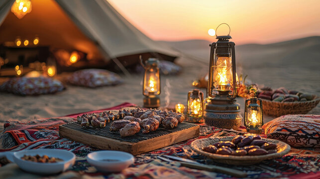 Desert Glamping Feast: A warm and inviting scene of a desert glamping experience with a rustic wooden table laden with food, candles, and lanterns. The setting sun casts a golden glow.