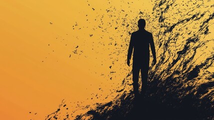 Businessman walking away from exploding wall on orange background