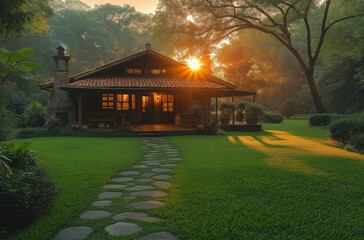 A rustic wooden house nestled in the heart of an expansive green lawn, bathed by the soft glow of sunset. The sun casts long shadows and highlights on its red roof tiles 