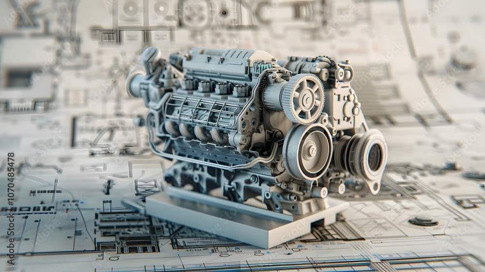 Poster a large engine is on a piece of paper with a drawing of a city in the background. the engine is surr