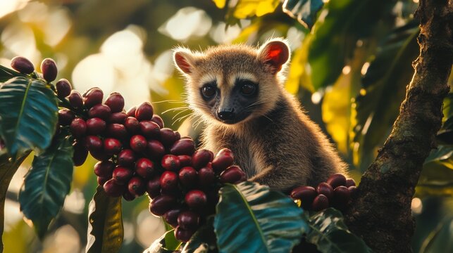 Olingo perched on coffee plant branch enjoying ripe red berries