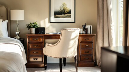 Stylish Bedroom Workspace, a modern desk and cozy chair create an inviting atmosphere, complemented by neatly arranged supplies, perfect for enhancing productivity and creativity.
