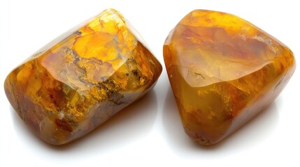 Bright Orange Amber Gemstones on White Background