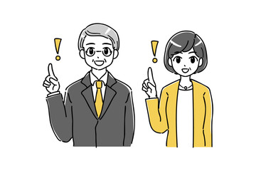 指差しをしているシニアのビジネスパーソンのイラスト(イエロー、グレー)