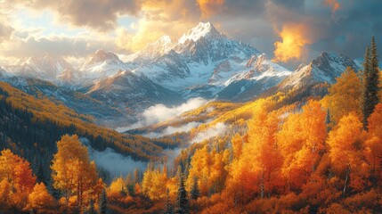 Obraz premium Majestic mountain landscape with vibrant autumn foliage and clouds.