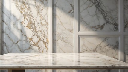 Obraz premium White table with white brick wall texture background, shadow window on white brick wall interior design