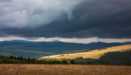 Obraz premium The Calm Before the Storm - A peaceful landscape under darkening clouds, symbolizing anticipation and the moments before major change