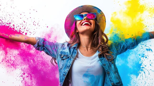 Joyful woman celebrating with colorful powder, An artist illustrating a front-page feature, adding visual appeal to the story.