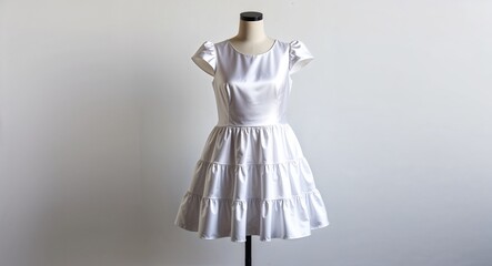 White satin mini dress with tiered ruffles and cap sleeves display on plain white background