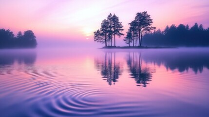 Serene landscape at sunrise, featuring trees reflected in calm water with a misty atmosphere.
