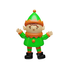 3d render happy elf. Santa Claus helper on Christmas holiday. Vector illustration of cartoon cute person. Smiling boy with hat, costume. Winter season greeting creature. December fun decoration