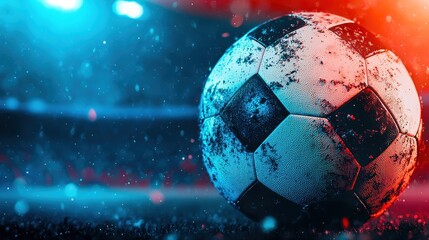 A close-up of a weathered soccer ball on an illuminated field, capturing the excitement of the game.