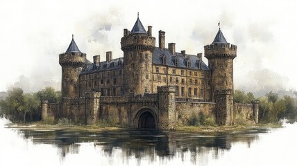 Obraz premium A majestic castle surrounded by water and greenery.