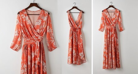Coral floral chiffon wrap dress with smocked waist and tie display on plain white background