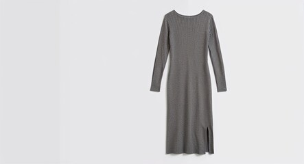 Grey ribbed knit midi dress with side slit and boat neck display on plain white background