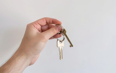 Close up of a hand holding keys isolated on gray background. New owner, moving in concept. Real estate property, renovation, mortgage, rent, loan poster. Copy space, clear sharp focus