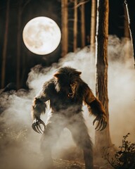 Obraz premium Fierce werewolf in foggy forest under full moon night
