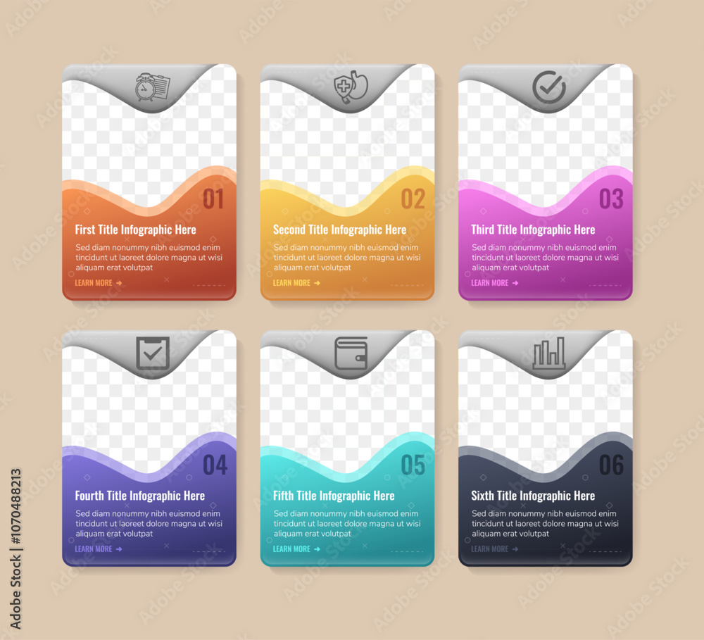 Poster six separate rectangular elements or cards with colorful gradient wave like details, thin line icons