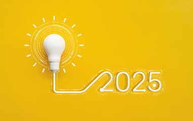 2025 ideas and creativity with innovation symbolizing of lightbulb design on yellow.business goal