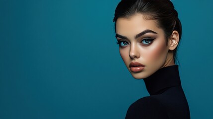 Portrait of a Beautiful Woman with Blue Eyes and  Black Eyeliner