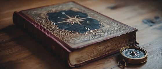 A vintage book with a compass, suggesting exploration and adventure.
