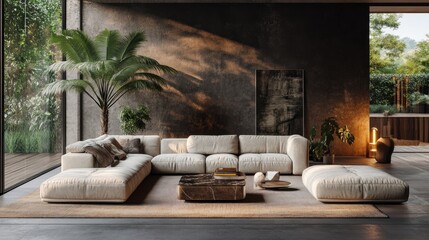 Modern Living Room with Large Sofa and Palm Tree