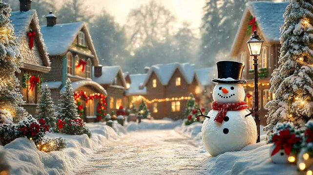 A cheerful snowman stands in a festive winter village with decorated houses, twinkling lights and snow-covered trees, falling snowflakes capturing the magic of the festive season at dusk