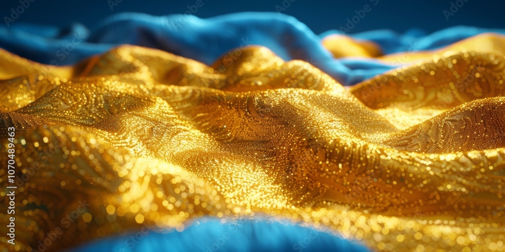 Poster a shimmering golden fabric cascading with a rich texture, illuminated by soft blue lighting, creatin