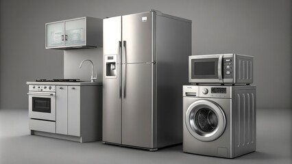 Fototapeta premium Modern Kitchen Appliances Set: Stainless Steel Refrigerator, Washing Machine, Microwave & Oven