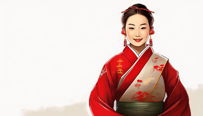 Fototapeta premium Illustration of a person wearing traditional Chinese clothing with intricate details, featuring a red and blue robe adorned with gold patterns. The design emphasizes cultural heritage and elegance