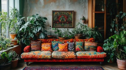Fototapeta premium A Cozy Living Room With Vibrant Colors and Lush Greenery