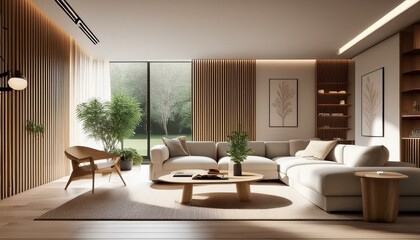 Fototapeta premium Modern living room with a minimalist design and wood accents. 3D Rendering
