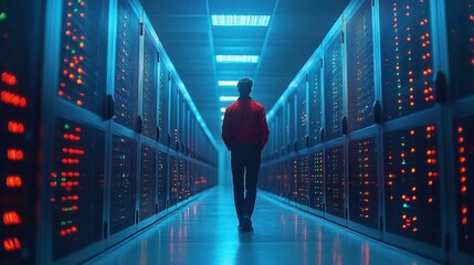 Modern Server Room with Blue Lighting Effects