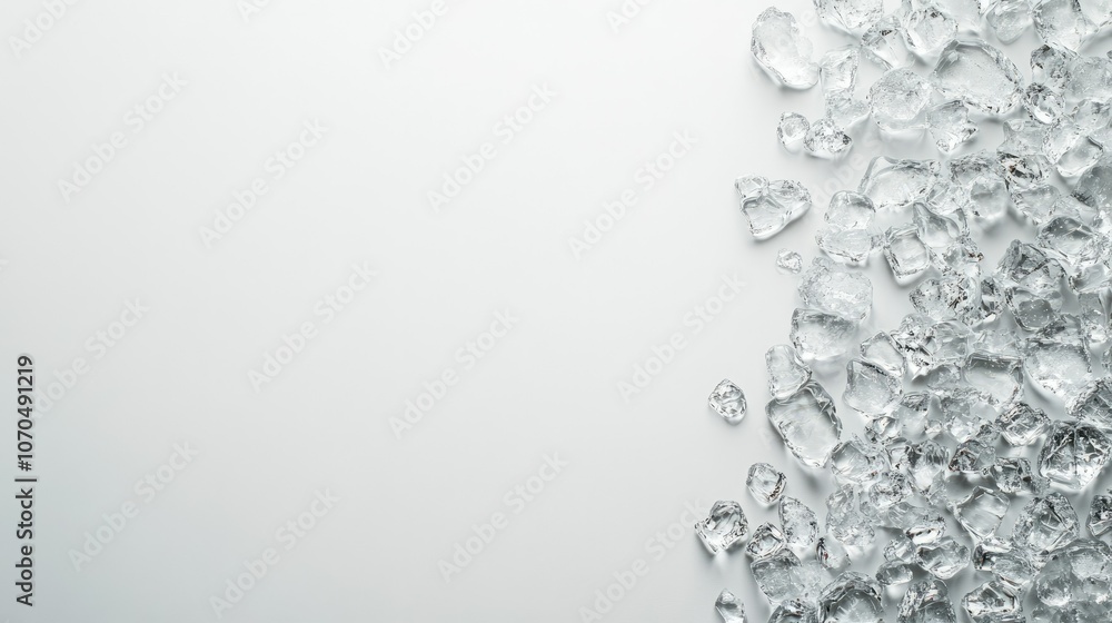 Poster clear ice arranged in a scattered pattern on a smooth, clean background. copy space