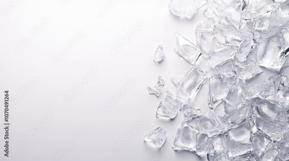 Poster clear ice arranged in a scattered pattern on a smooth, clean background. copy space