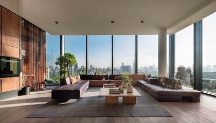 Spacious modern living room with wooden accents and large windows overlooking a cityscape, featuring stylish furniture. 3D Rendering