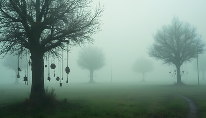 A rural landscape in fog with amulets suspended from trees symbolizing protection from the weather