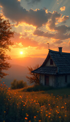 Obraz premium Village house against sunset background, with traditional signs foretelling good or bad weather