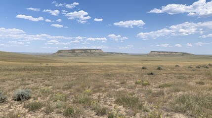 Fototapeta premium Expansive grassland landscape surrounded by rolling hills in a picturesque outdoor setting