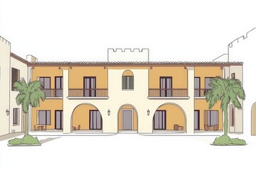 Fototapeta premium Architectural design of a colorful building with palms, white isolated background.