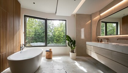 Stylish bathroom featuring a freestanding tub, large windows, and a sleek vanity. Minimalist design, natural light. 3D Rendering